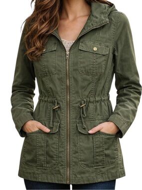 Mossimo Supply Co Utility Hooded Jacket- Olive Green Cinch Waist Zip Pockets
